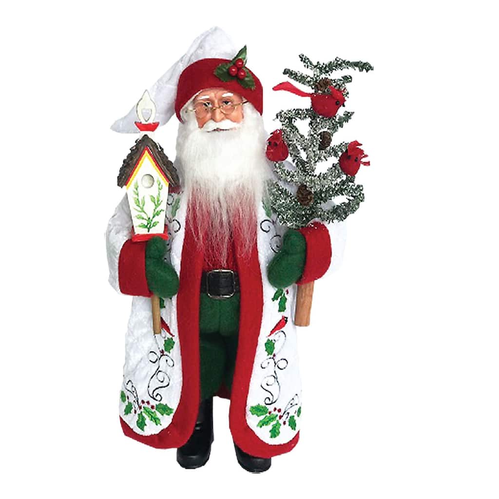 16" Cardinal Santa Claus with Birdhouse and Pine Tree Standing Christmas Figurine