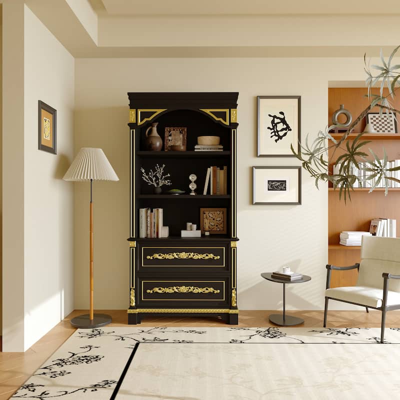 Black & Gold Display Cabinet with Shelves and Drawers, Elegant Glossy Bookcase for Living Room Storage