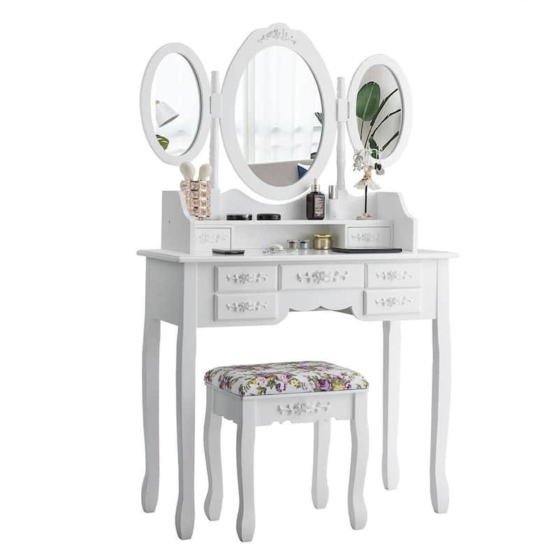 Gymax Vanity Makeup Set W/7 Drawer Tri-Folding Mirror Dressing Table &