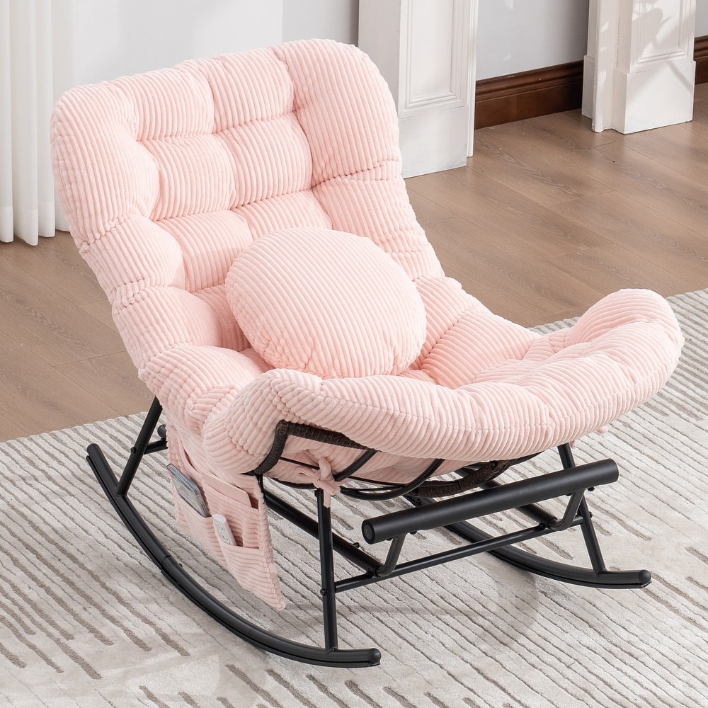 HOMEFUN Corduroy Upholstered Egg Shaped Design Steel Frame Rocking Chair with Side Pocket and Foot Pedal