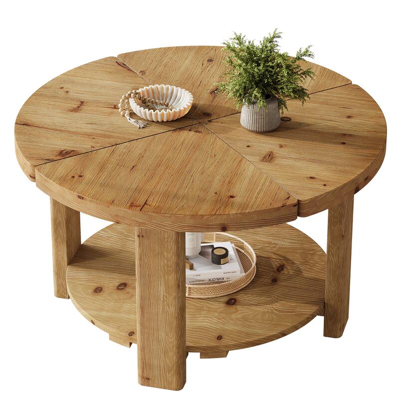 31.5" Round Coffee Table, 2-Tier Farmhouse Solid Wood Coffee Table