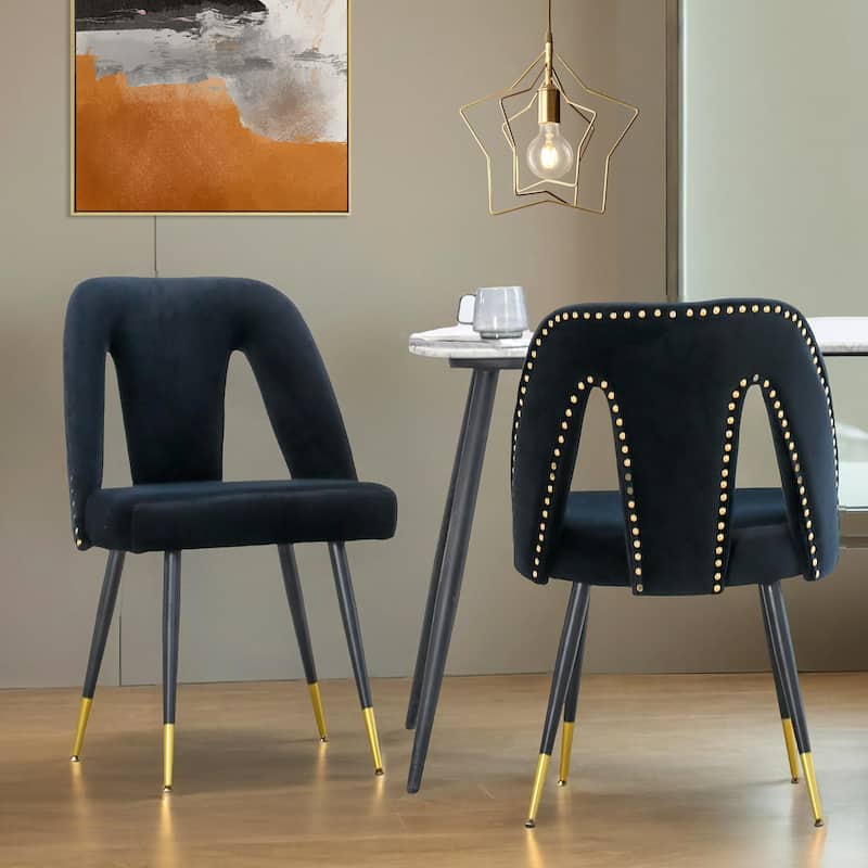 Akoya Collection Modern | Contemporary Velvet Upholstered Dining Chair with Nailheads and Gold Tipped Black Metal Legs - Black