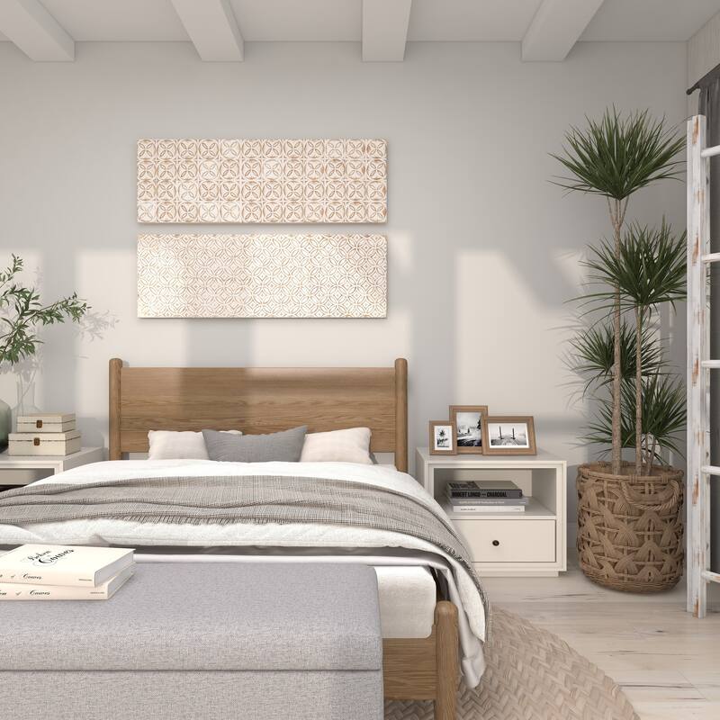 White Wooden Intricately Carved Geometric Home Wall Decor (Set of 2)