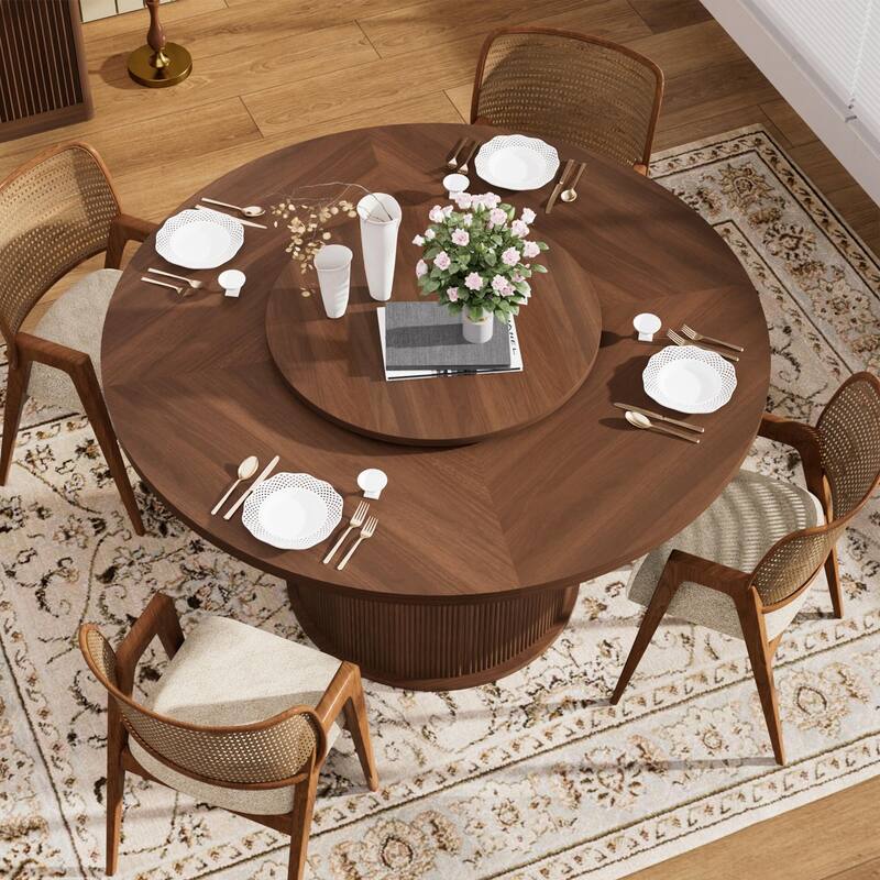 55" Round Dining Table with Rotating Tray and Double-Tiered Storage Rack for Six