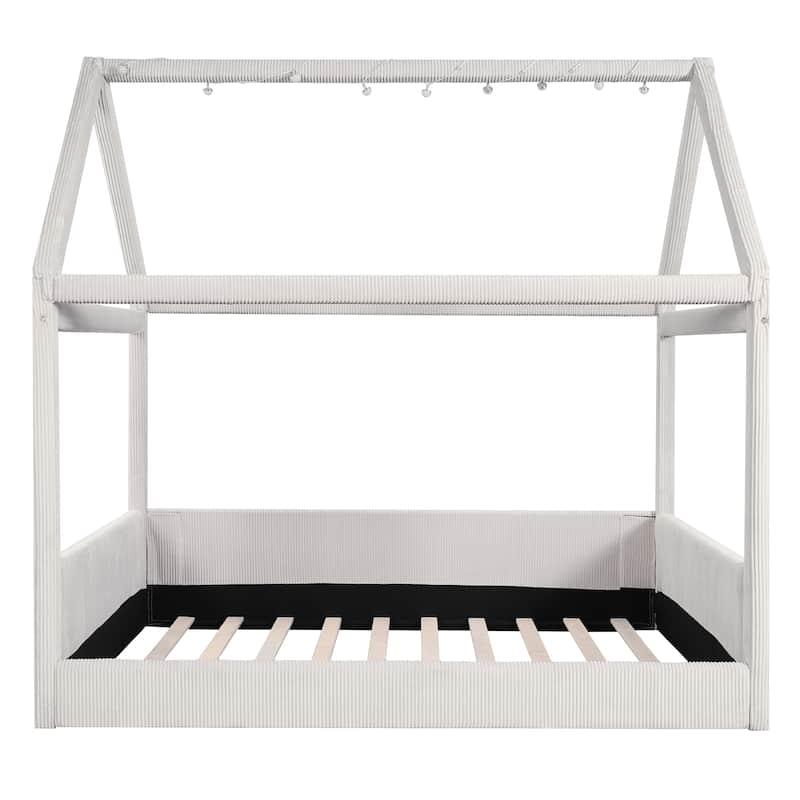 Corduroy Upholstered House Shaped Daybed, Lovely House Floor Bed with LED Light Strips, Full Size Floor Platform Sofa Bed Frame