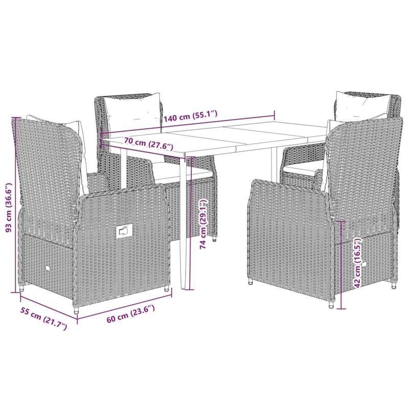 vidaXL Garden Dining Set Grey, Black, Dark Grey - 55.1" x 27.6" x 29.1"/ 4