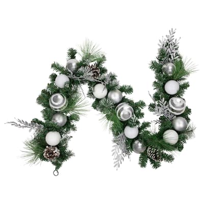 6' Green Pine Needle Garl Pinecones Striped Christmas Ornaments, Unlit