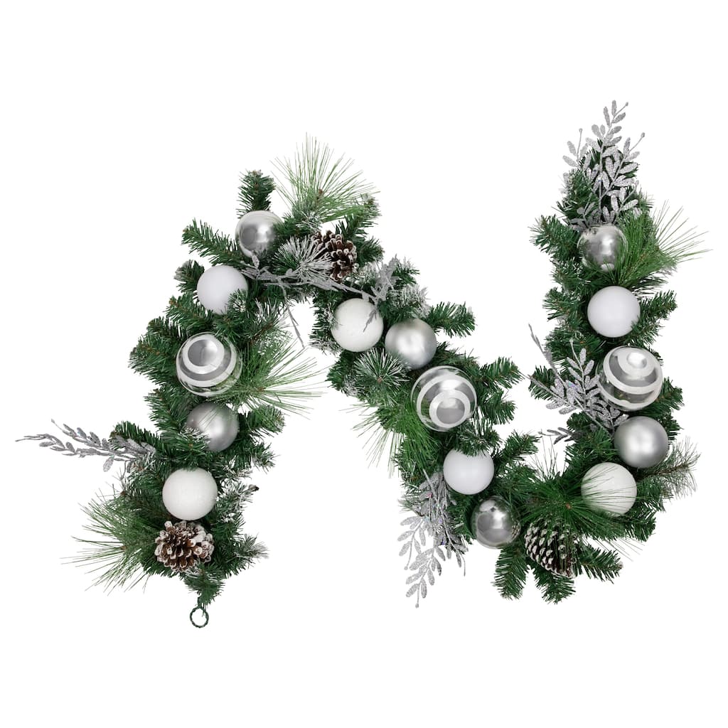 6' Green Pine Needle Garl Pinecones Striped Christmas Ornaments, Unlit