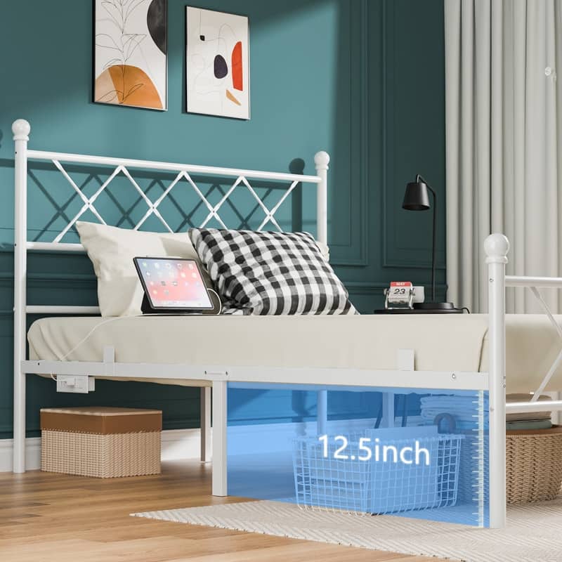 Full Size Metal Platform Bed with RGB LED Lights,Charging Station,Heavy Duty,Remote and App Control,Under Bed Storage