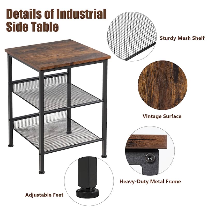Costway 3-Tier Industrial End Side Table Nightstand W/2 Adjustable - 16'' x 16'' x 22''