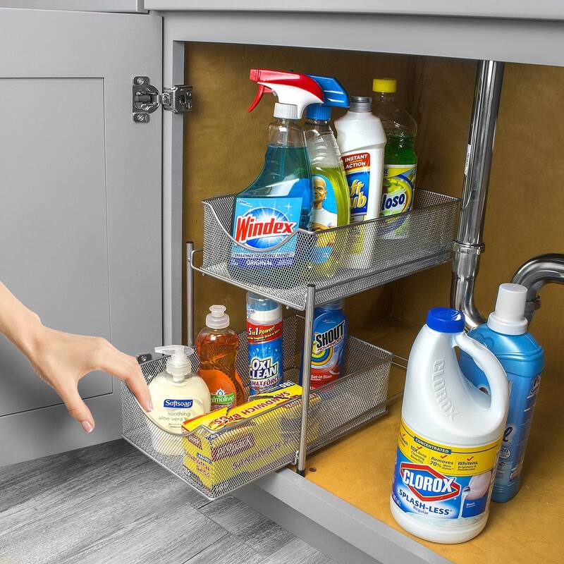 2 Tier Organizer Baskets with Mesh Sliding Made of Steel (Silver)