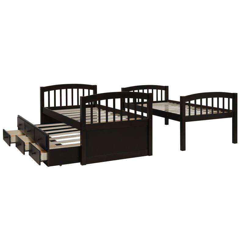 Twin Bunk Bed with Ladder, Safety Rail, and Trundle with 3 Drawers for Teens and Guest Rooms