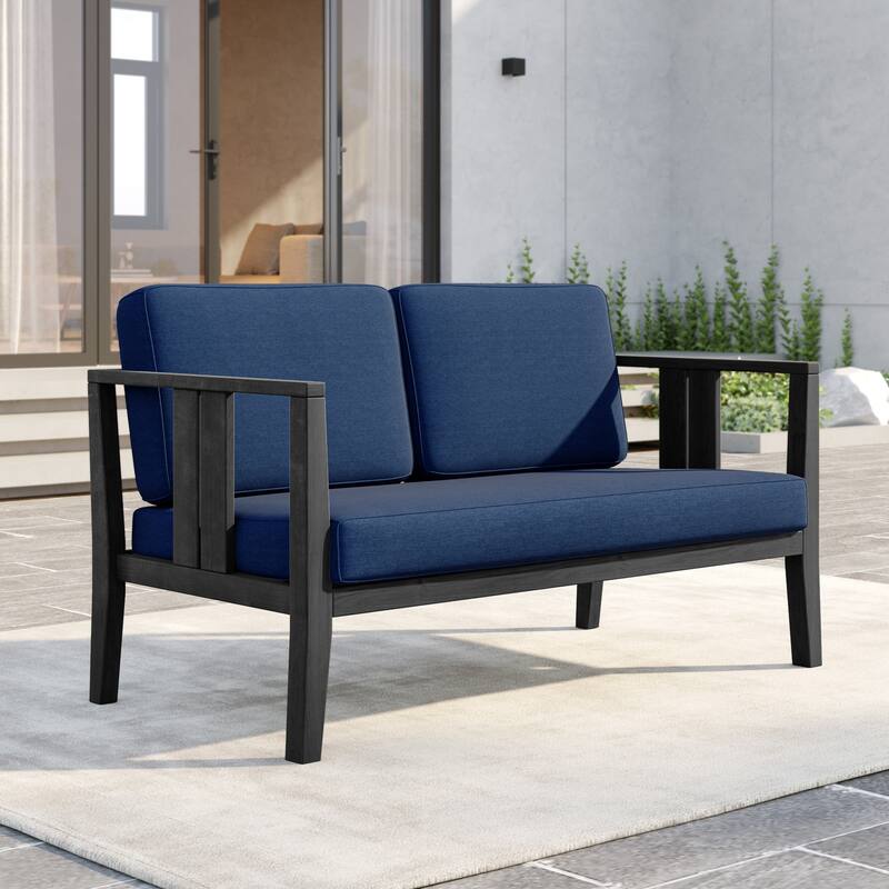 Outdoor Teak Solid Wood Patio Furniture Set Loveseat Armchair Table Collection - Loveseat - Blackframe-Navy
