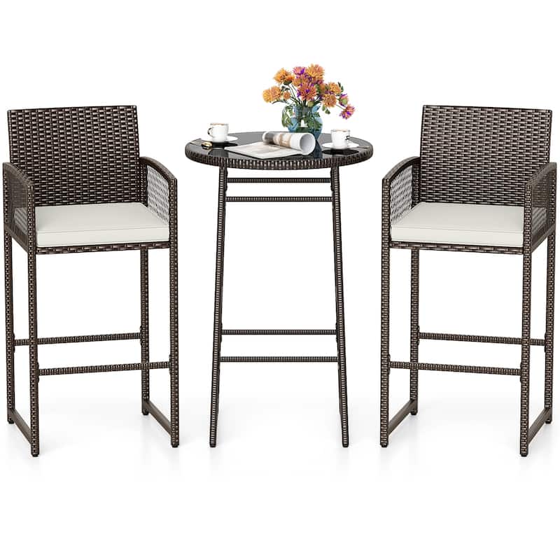 3-Piece Mix Brown Rattan Outdoor Patio Bar Set with Off White Cushions and 2 Chairs Included Table - 20.5" x 19.5" x 44"
