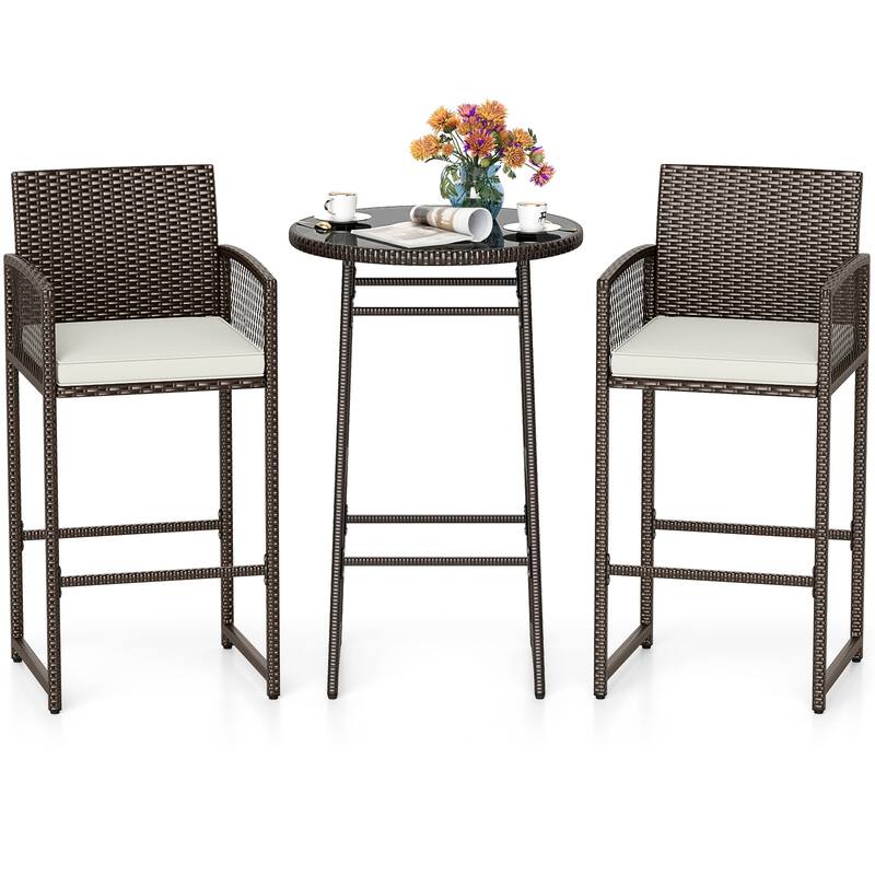 Outdoor 3-Piece Wicker Patio Bar Set with 2 Cushioned Barstools and Tempered Glass Table - 20.5" W x 19.5" D x 44" H