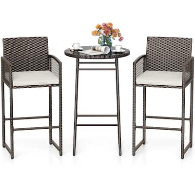 Outdoor 3-Piece Wicker Patio Bar Set with 2 Cushioned Barstools and Tempered Glass Table - 20.5" W x 19.5" D x 44" H