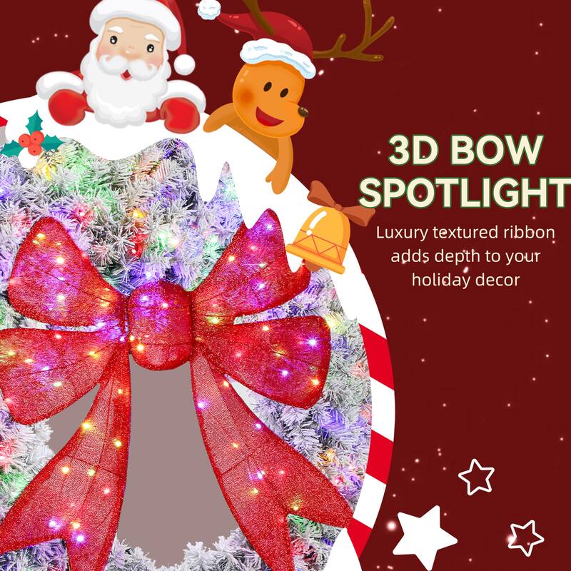 HOMCOM 36in Flocked Pre-Lit Wreath: 140 LED, 11 Modes, Remote, 3D Bow, Indoor/Outdoor