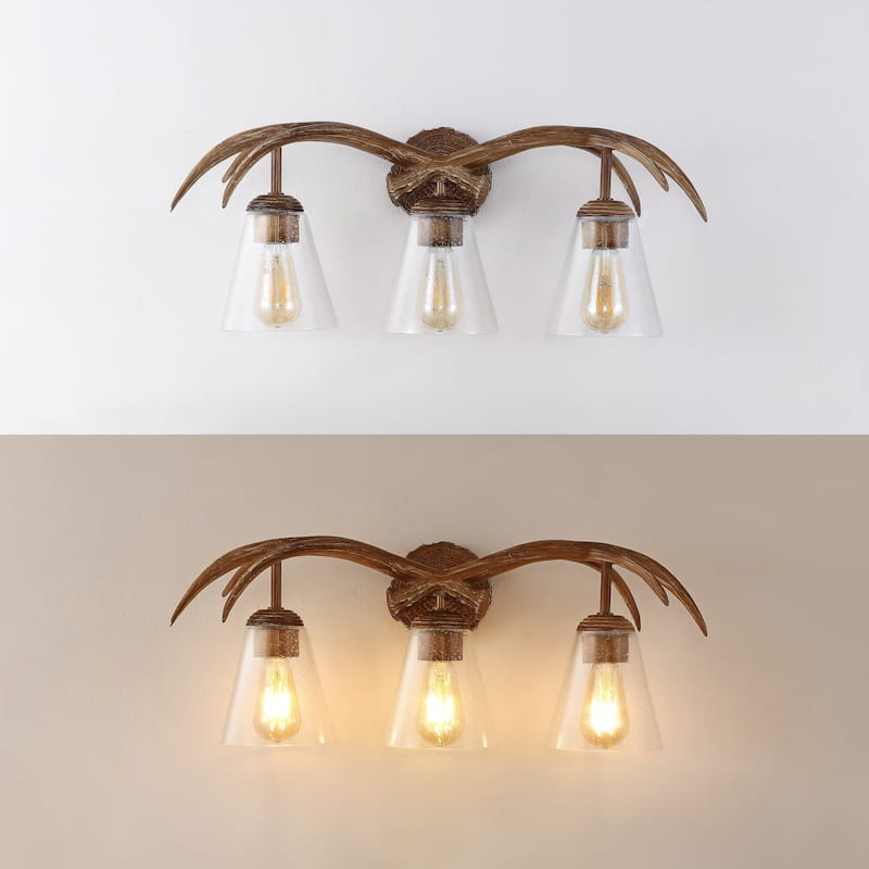 Nelle 25.5" 3-Light Southwestern Bohemian Resin/Seeded Glass Faux Antler LED Vanity Light, Brown Wood Finish by JONATHAN Y