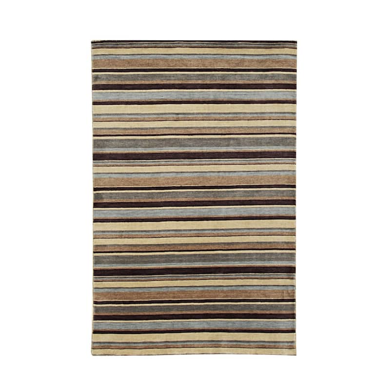 Multicolored Handmade Wool Transitional Rug 5' x 8' - Striped Pattern Plush Pile Red Green Blue Beige - N/A