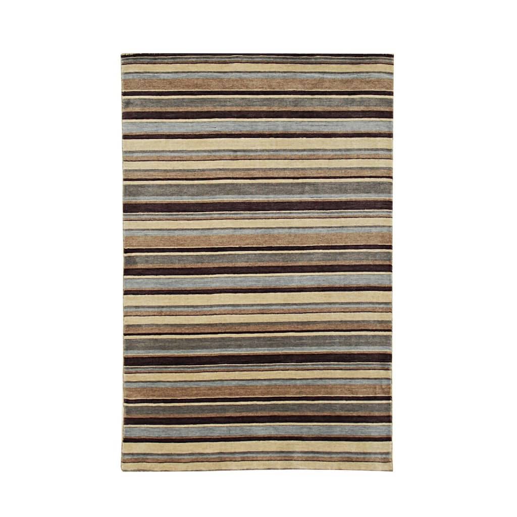 Multicolored Handmade Wool Transitional Rug 5' x 8' - Striped Pattern Plush Pile Red Green Blue Beige - N/A