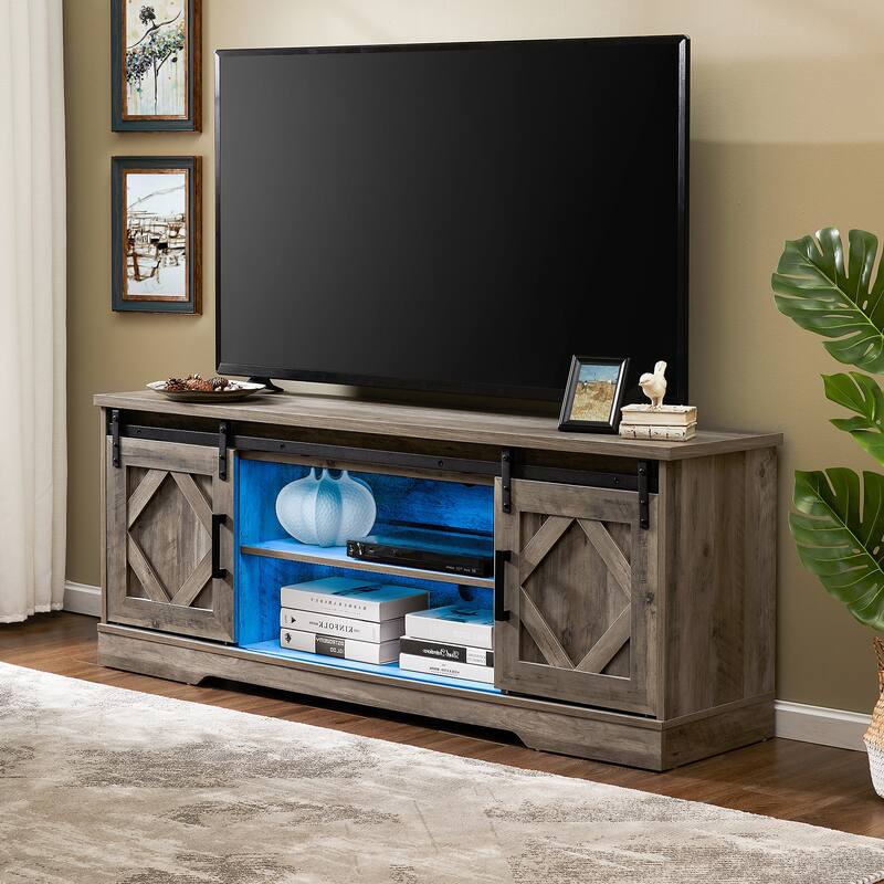 WAMPAT Farmhouse Sliding Barn Door TV Stand and Coffee Table Set of 2