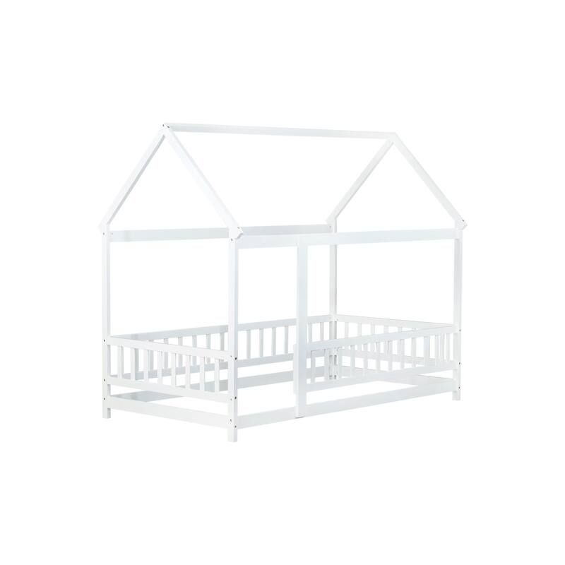 Twin Size Wooden House Floor Bed with Roof Frame and Safety Guardrails
