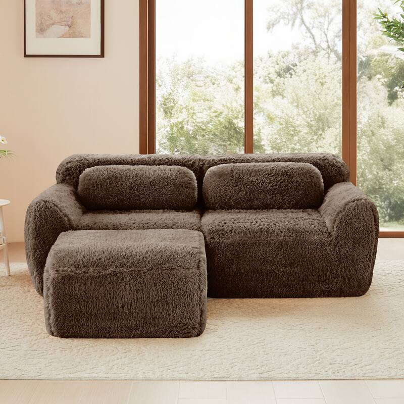 L-shaped Boneless Sofa, Soft Fluffy Plush Fabric, With Chaise 32D High Density Sponge, No Assembly Required