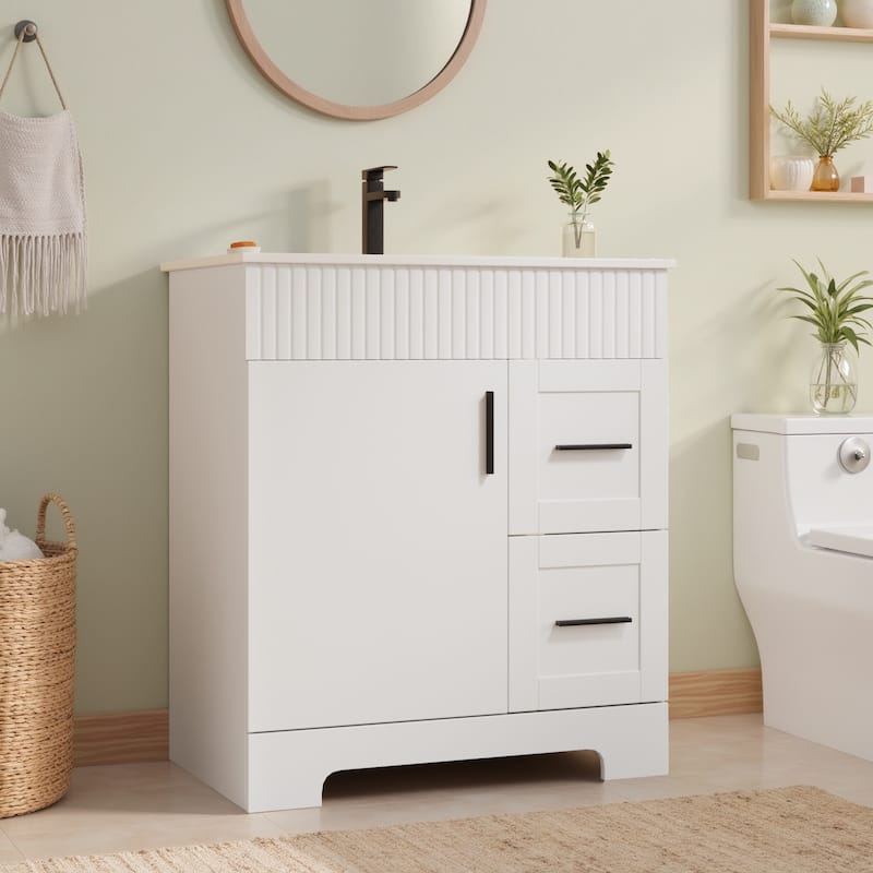 EROMMY Bathroom Vanity with Sink and Faucet, Freestanding Vanity Cabinet with Drawers & Doors, White Ceramic Top