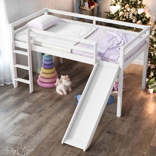 slide 2 of 19, White Wood Twin Loft Bed Kids Bed with Slide and Underbed Space White
