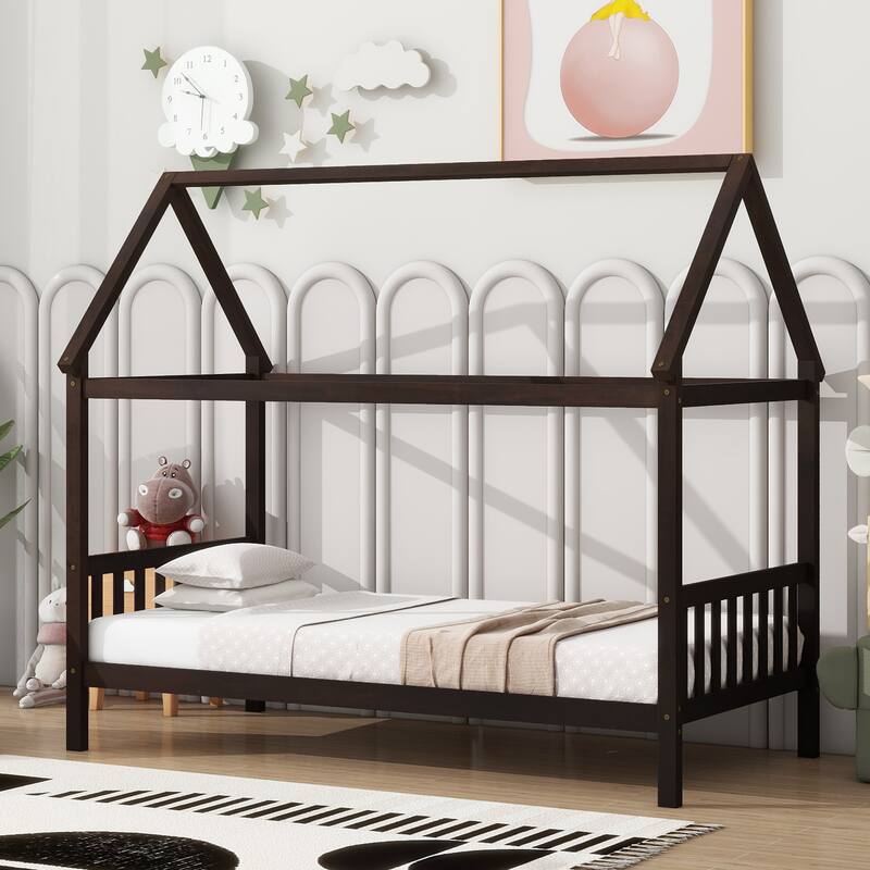 Twin House Bed with Headboard and Footboard, Twin Rubber Wood Bed with House Frame, White - Espresso