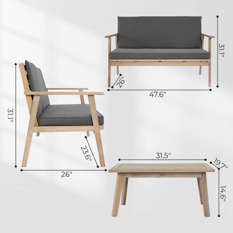 4 Piece Acacia Outdoor Patio Lounge Conversation Set with Soft Cushions and Coffee Table