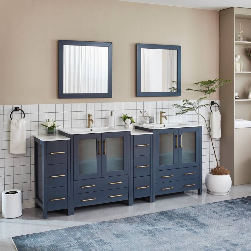 Vanity Art 84" Double Sink Bathroom Vanity Set 10 Dove-Tailed Drawers 4 Cabinets 2 Shelves, Soft-Closing Doors with Free Mirror