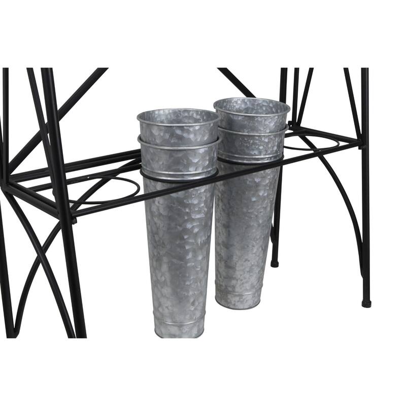 41" Gray and Black Plant Stand with 8 Galvanized Planter Pots