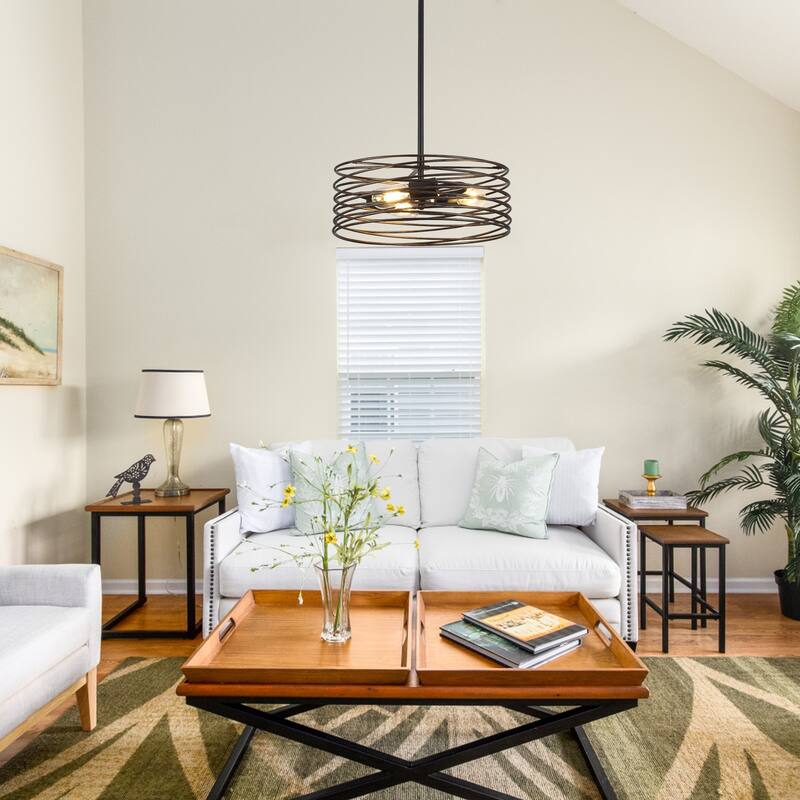 3-Light 14.96" Classic Caged Drum Metal Chandelier, Classic Semi Flush Mount Chandelier for Dining Room - W14.96"x H5.9"