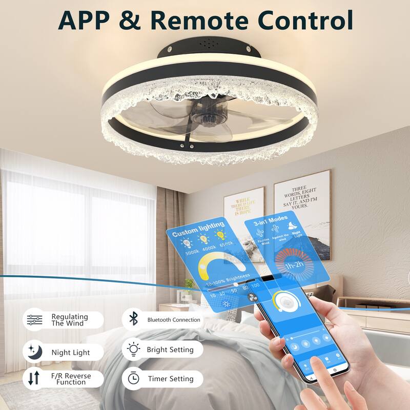 LunaDrift 16"20"24" Modern Black Crystal Smart Flush Mounted Ceiling Fan with Light, Dimmable Bedroom Ceiling Fan w/Remote