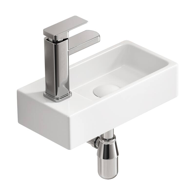 GDFStudio - Carter Wall-Mounted Ceramic Bathroom Sink with Faucet and Drain Set - Milk White - Left-side faucet