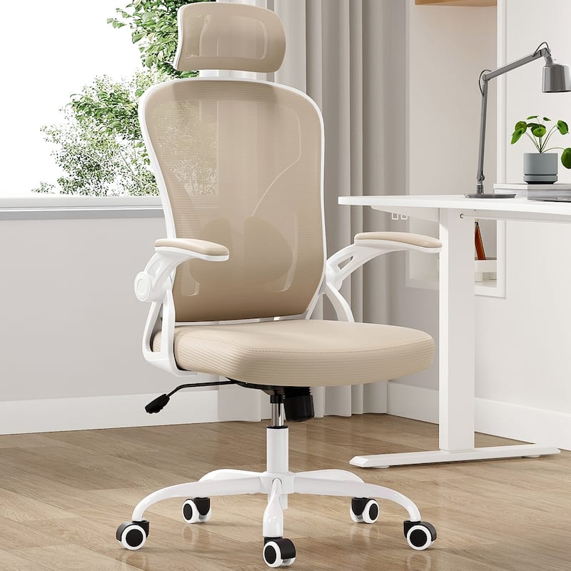 Ergonomic Office Chair, Office Desk Chair with Headrest, High Back Computer Chair with Armrests and Adjustable Lumbar Support - khaki+White