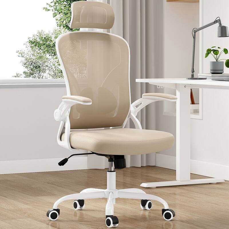 High Back Computer Chair with Armrests and Adjustable Lumbar Support - khaki