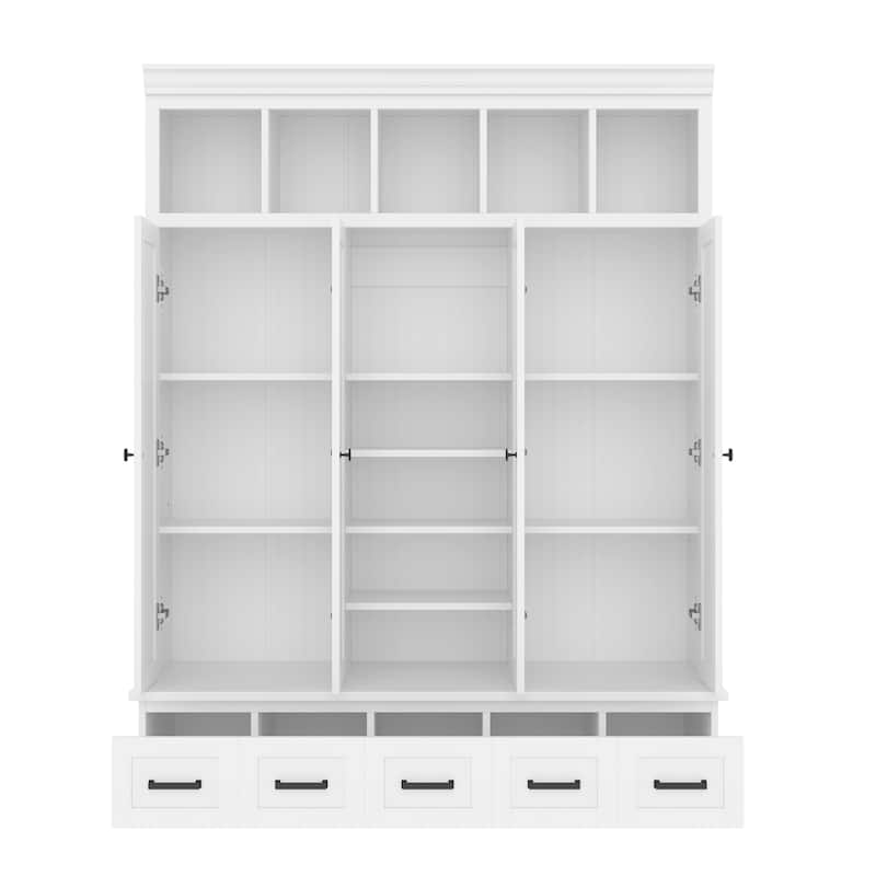 Large Wood Hall Tree with Bench, Modern 4 Door Entrance Storage Cabinet w/ 5 Drawers, Adjustable Shelves for Living Room