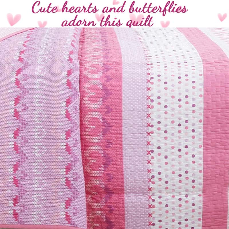 Cami Butterfly Cotton Pink Floral Quilt Bedding Set With Decorative Throw Pillows