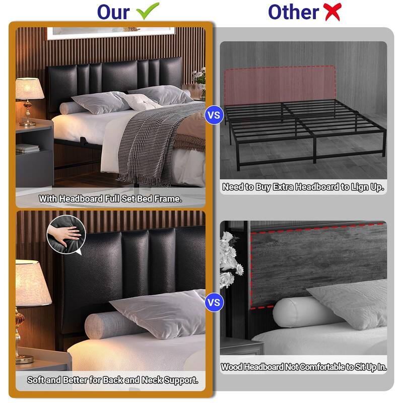 Platform Bed Frame with Ajustable Upholstered Headboard, Bed with USB Port and Charge Station
