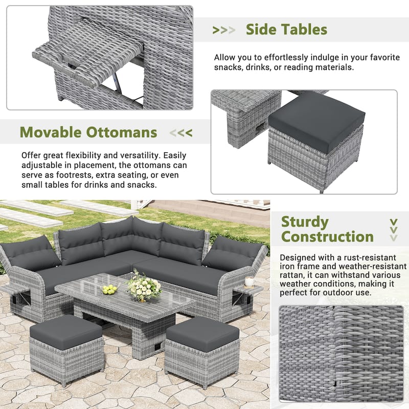 Outdoor Rattan Furniture Set with Adjustable Table, Recliners, and Movable Ottomans Patio Sofa Set for Garden & Backyard