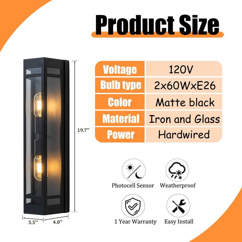 2-Light H20" Modern Black Outdoor Wall Light with Dusk-to-Dawn Sensor Front Door Garage Exterior Lighting Fixture - W6''