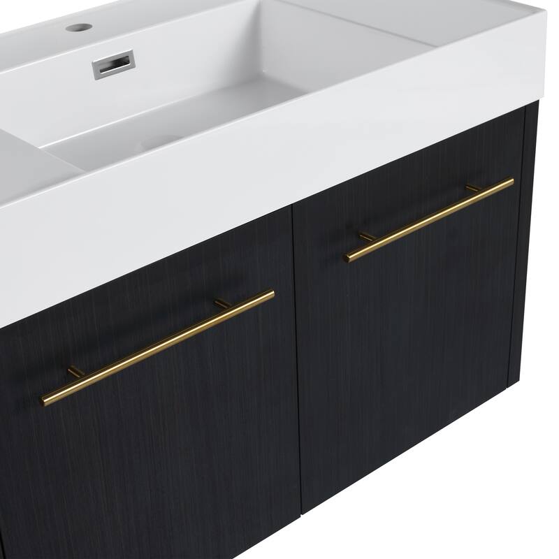 Modern Bathroom Vanity with Resin Sink, Soft-Closing Hinges, Eco-Friendly Plywood Base, Black Chestnut Finish - 35.4in L Plywood