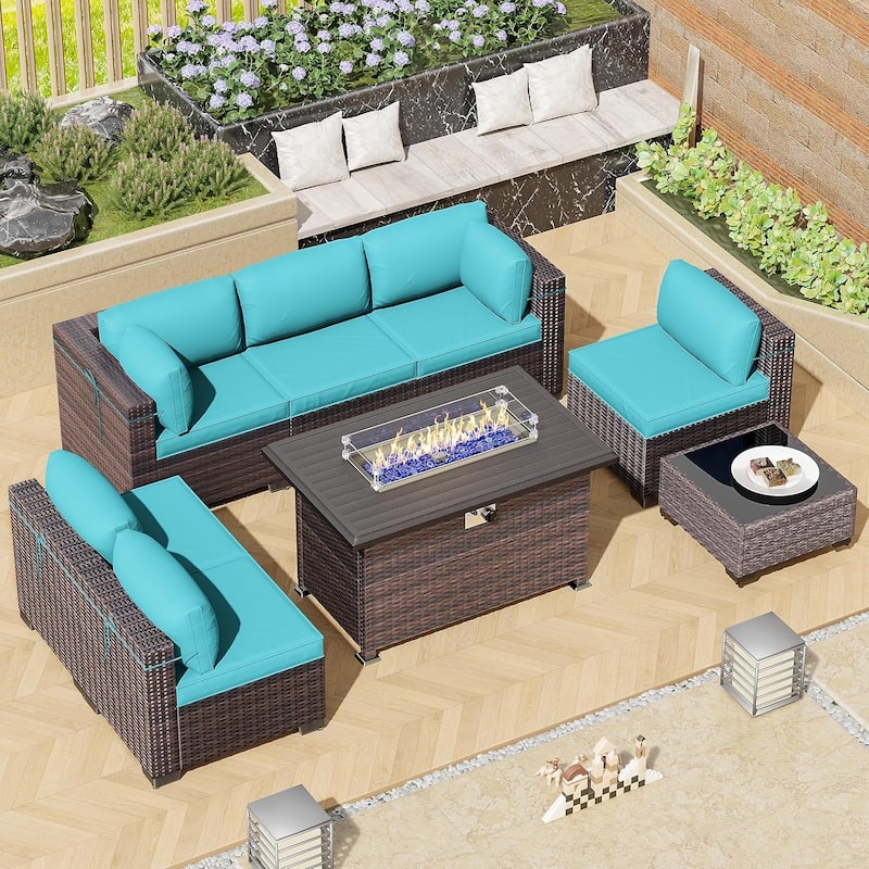 Outdoor Rattan Sectional Sofa Set, Patio Furniture Conversation Set with Fire Pit Table