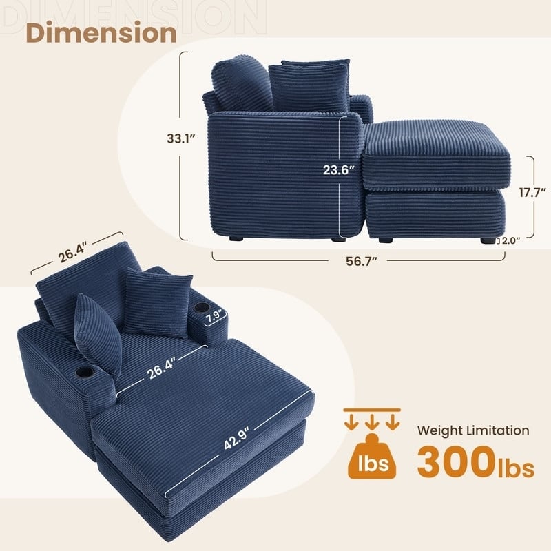 Oversized Corduroy Chaise Lounge Chair with Throw Pillows and Built-In Cup Holders