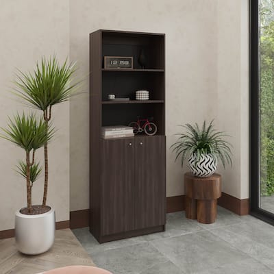 2-Door Bookcase with Upper Shelves, Dark Walnut / Black Wengue