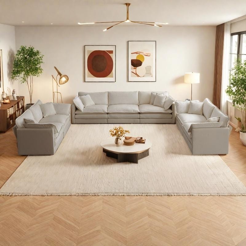 7-Seat Chenille Sectional Sofa Set (3-Seater + Two 2-Seaters) with Deep Seats & Solid Wood Frame