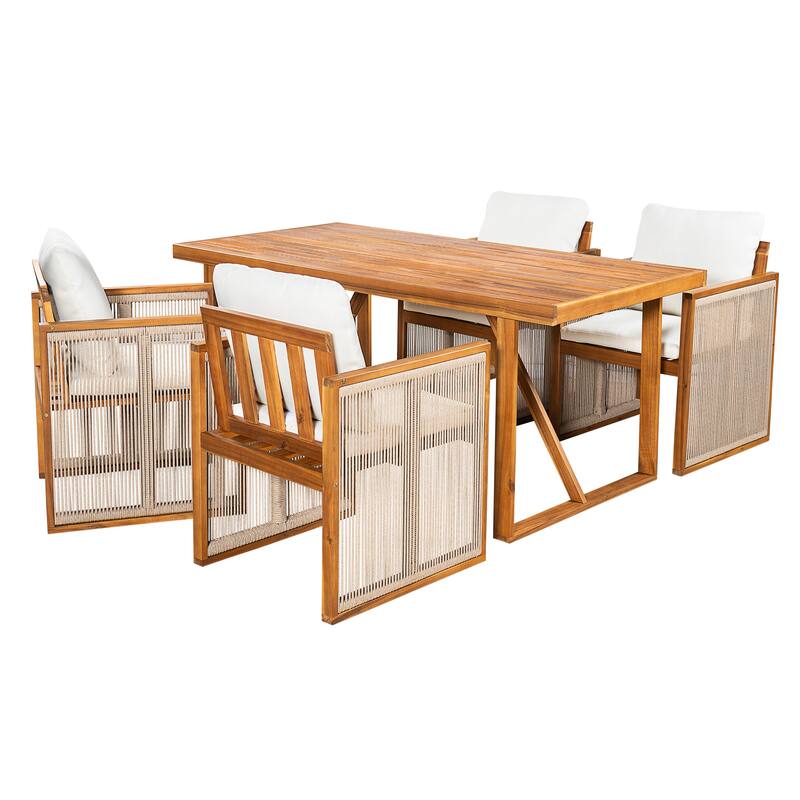 Christopher Knight Home - Modern Outdoor Acacia Wood Dining Set with Cushions and Handwoven Rope Chairs