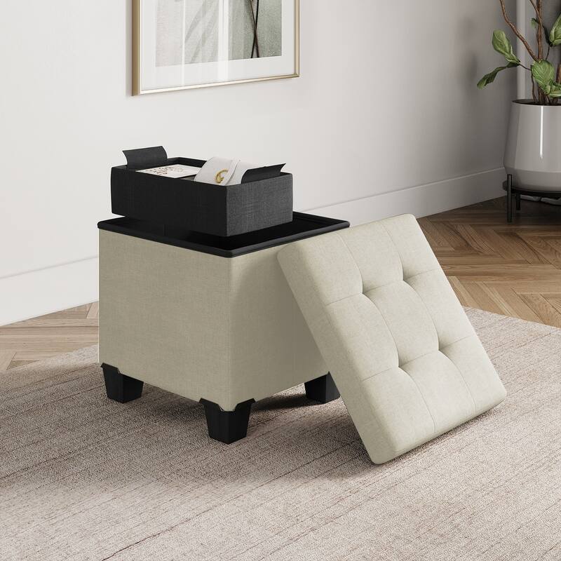 Empyrean Tuffted Folding Foot Rest Storage Ottoman Bench with Storage Bins - 15 Inch - Ivory Fabric